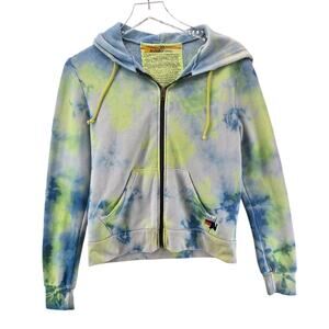 Aviator Nation Zip Hoodie Womens XS Tie Dye Neon Yellow Light Blue White USA